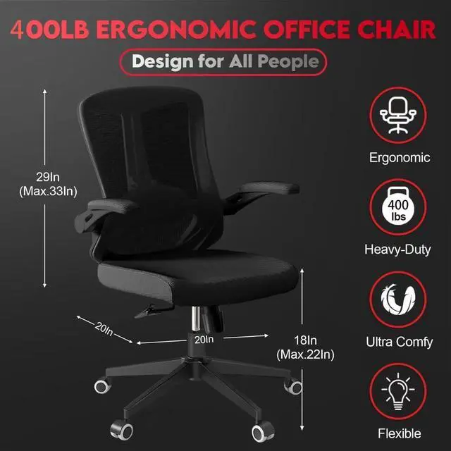 Alt view image 2 of 7 - Ergonomic Office Chair - 400LB Comfy Desk Chairs with Headrest and Lumbar Back Support, Heavy Duty Mesh Computer Chairs with Wheels and Arms for Home Office, Study, Bedroom and Dorm (05black)