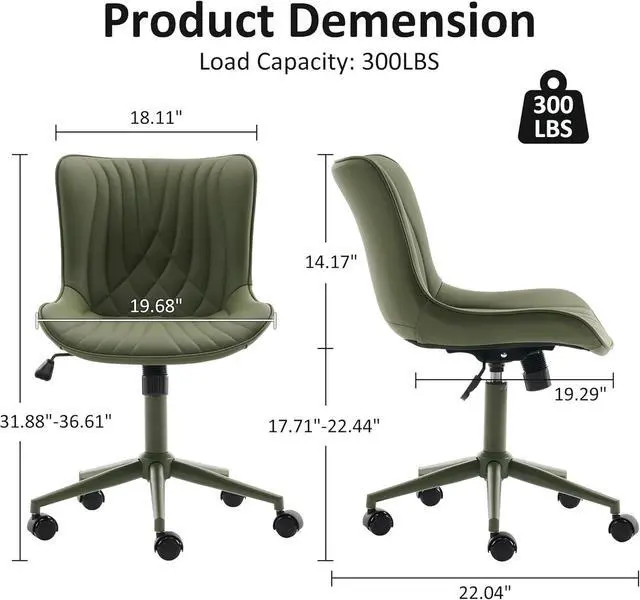 Alt view image 2 of 7 - YOUTASTE Green Armless Office Chair, Modern Adjustable Swivel Desk Chair with Wheels, Upholstered PU Leather, Green Metal Legs, Back Support for Home Office, Study, Vanity, Bedroom