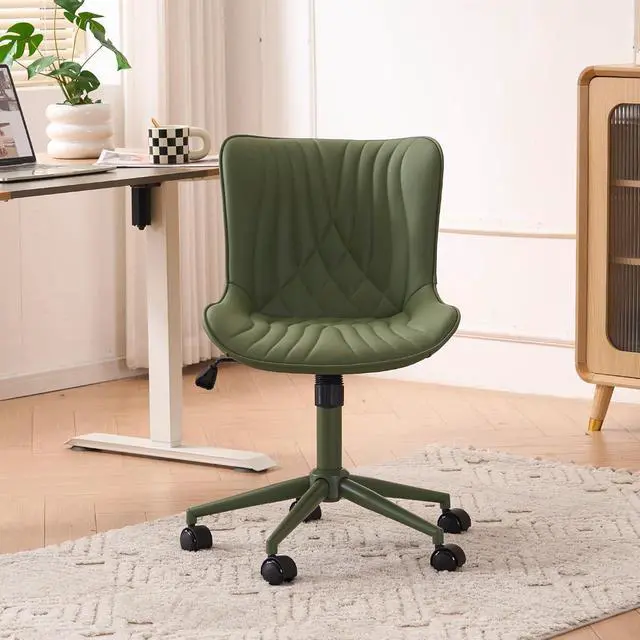Alt view image 3 of 7 - YOUTASTE Green Armless Office Chair, Modern Adjustable Swivel Desk Chair with Wheels, Upholstered PU Leather, Green Metal Legs, Back Support for Home Office, Study, Vanity, Bedroom