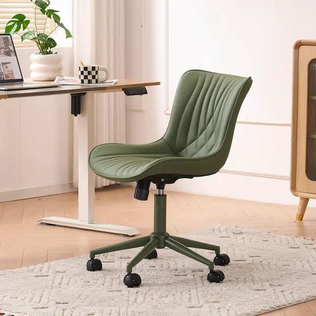 Alt view image 4 of 7 - YOUTASTE Green Armless Office Chair, Modern Adjustable Swivel Desk Chair with Wheels, Upholstered PU Leather, Green Metal Legs, Back Support for Home Office, Study, Vanity, Bedroom
