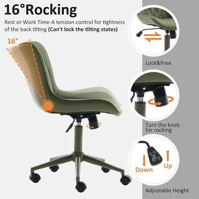 Alt view image 5 of 7 - YOUTASTE Green Armless Office Chair, Modern Adjustable Swivel Desk Chair with Wheels, Upholstered PU Leather, Green Metal Legs, Back Support for Home Office, Study, Vanity, Bedroom