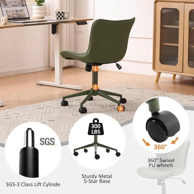 Alt view image 6 of 7 - YOUTASTE Green Armless Office Chair, Modern Adjustable Swivel Desk Chair with Wheels, Upholstered PU Leather, Green Metal Legs, Back Support for Home Office, Study, Vanity, Bedroom