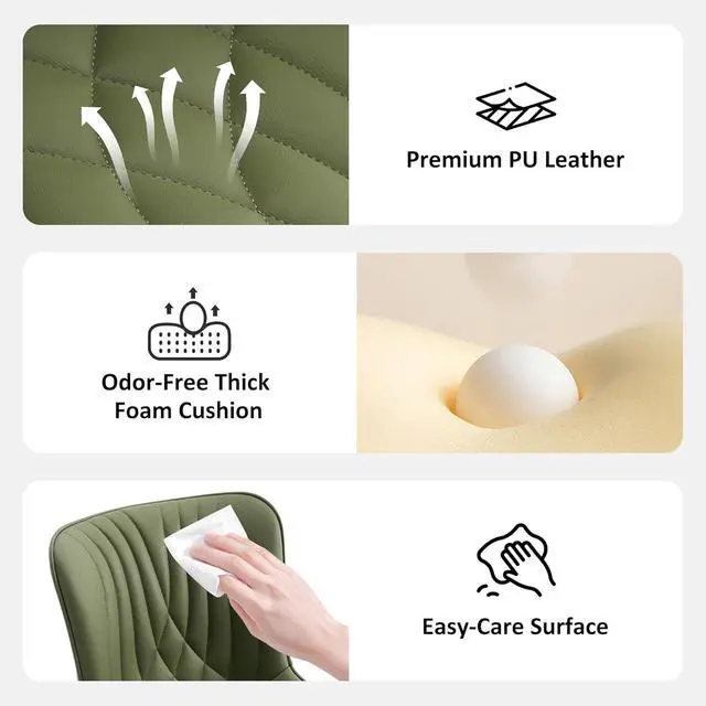 Alt view image 7 of 7 - YOUTASTE Green Armless Office Chair, Modern Adjustable Swivel Desk Chair with Wheels, Upholstered PU Leather, Green Metal Legs, Back Support for Home Office, Study, Vanity, Bedroom