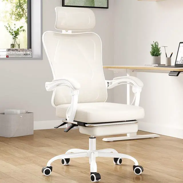 Main image of Farini Ergonomic Office Chair with Footrest, Mesh Office Desk Chair with Headrest, High Back Computer Chair with Adjustable Lumbar Support for Home Office Study Room Bedroom, White & White