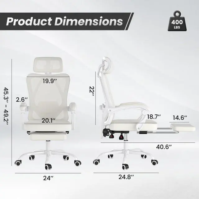 Alt view image 2 of 7 - Farini Ergonomic Office Chair with Footrest, Mesh Office Desk Chair with Headrest, High Back Computer Chair with Adjustable Lumbar Support for Home Office Study Room Bedroom, White & White