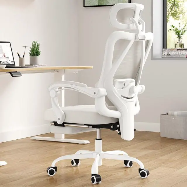 Alt view image 6 of 7 - Farini Ergonomic Office Chair with Footrest, Mesh Office Desk Chair with Headrest, High Back Computer Chair with Adjustable Lumbar Support for Home Office Study Room Bedroom, White & White