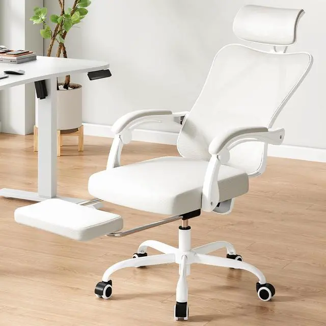 Alt view image 7 of 7 - Farini Ergonomic Office Chair with Footrest, Mesh Office Desk Chair with Headrest, High Back Computer Chair with Adjustable Lumbar Support for Home Office Study Room Bedroom, White & White