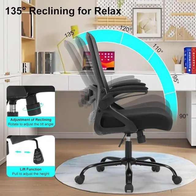 Alt view image 4 of 7 - Office Chair, Ergonomic Desk Chair with Adjustable Height, Lumbar Support, High Back Mesh Support with Flip up Armrests, Task Chairs for Home Office Computer