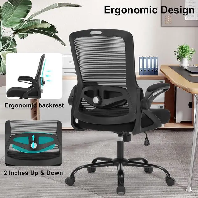 Alt view image 5 of 7 - Office Chair, Ergonomic Desk Chair with Adjustable Height, Lumbar Support, High Back Mesh Support with Flip up Armrests, Task Chairs for Home Office Computer