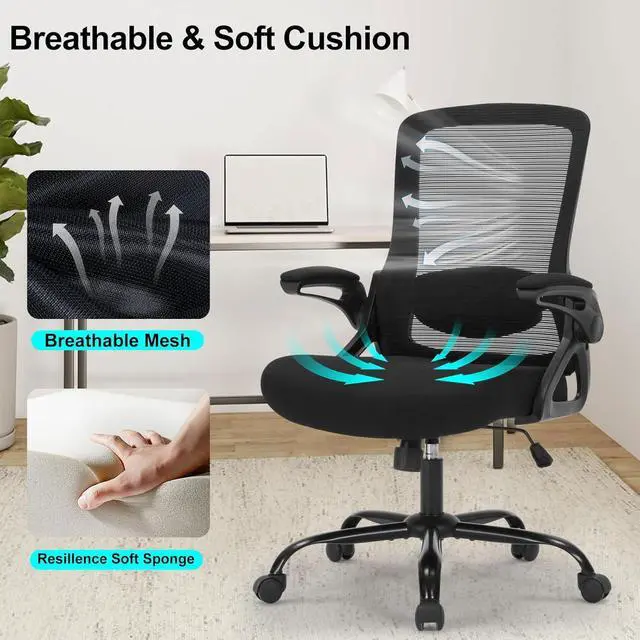 Alt view image 7 of 7 - Office Chair, Ergonomic Desk Chair with Adjustable Height, Lumbar Support, High Back Mesh Support with Flip up Armrests, Task Chairs for Home Office Computer