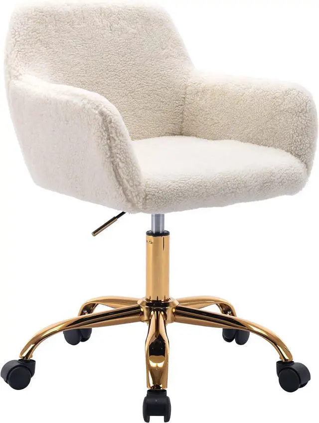 Main image of KCC Faux Fur Office Desk Chair, Comfy Swivel Armchair with Wheels, Upholstered Fuzzy Vanity Chair, Adjustable Height, White