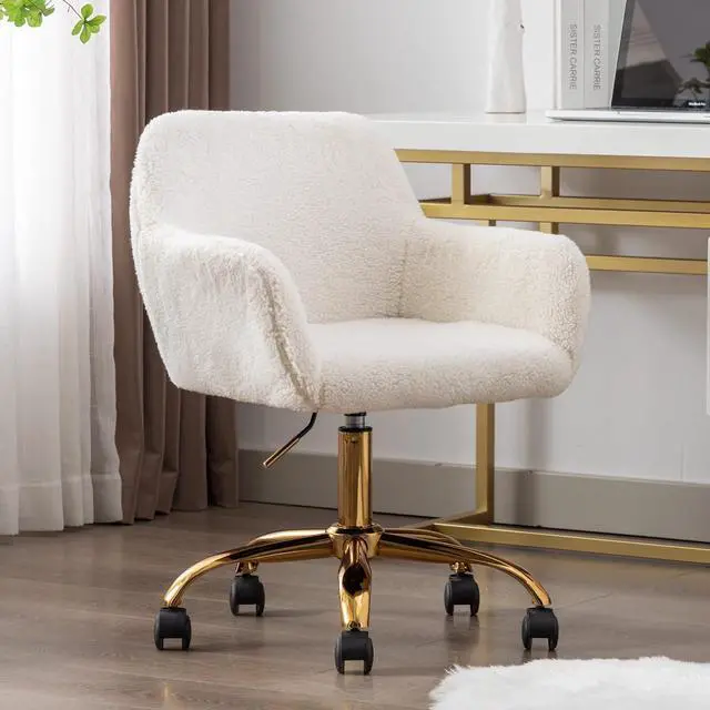 Alt view image 2 of 7 - KCC Faux Fur Office Desk Chair, Comfy Swivel Armchair with Wheels, Upholstered Fuzzy Vanity Chair, Adjustable Height, White
