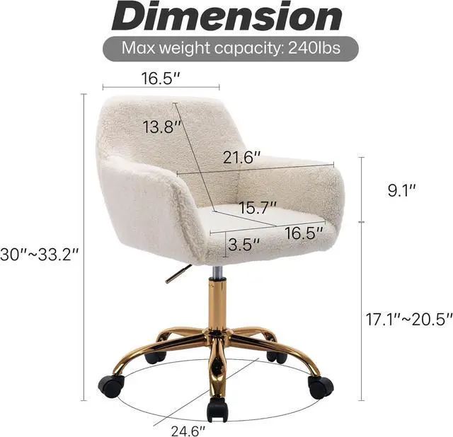 Alt view image 3 of 7 - KCC Faux Fur Office Desk Chair, Comfy Swivel Armchair with Wheels, Upholstered Fuzzy Vanity Chair, Adjustable Height, White