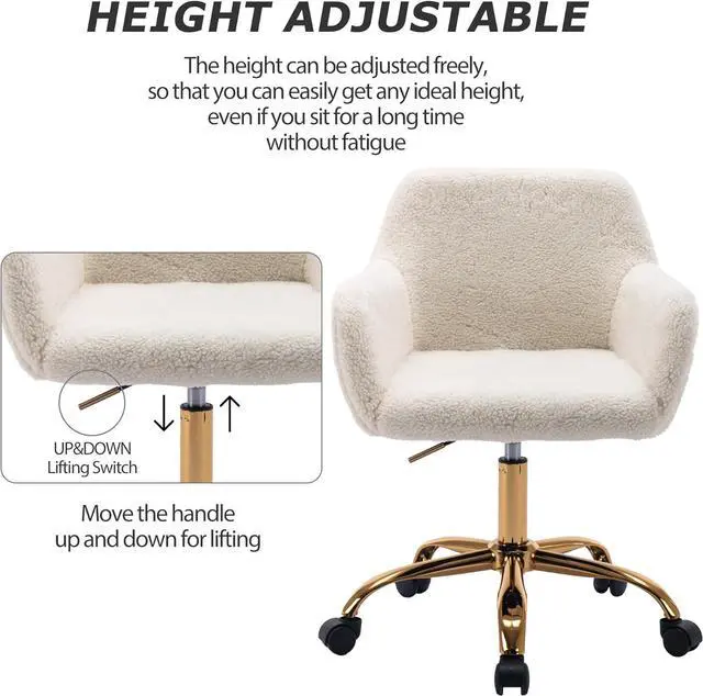 Alt view image 4 of 7 - KCC Faux Fur Office Desk Chair, Comfy Swivel Armchair with Wheels, Upholstered Fuzzy Vanity Chair, Adjustable Height, White
