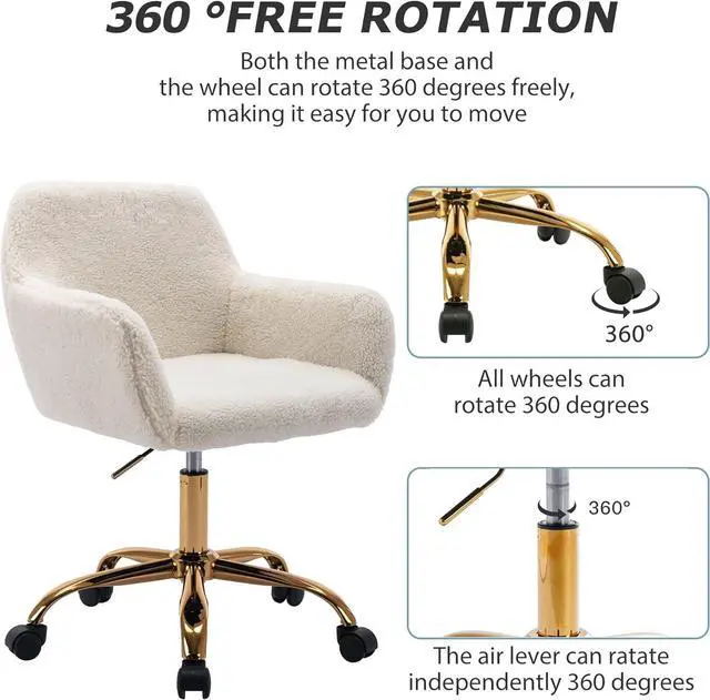 Alt view image 5 of 7 - KCC Faux Fur Office Desk Chair, Comfy Swivel Armchair with Wheels, Upholstered Fuzzy Vanity Chair, Adjustable Height, White