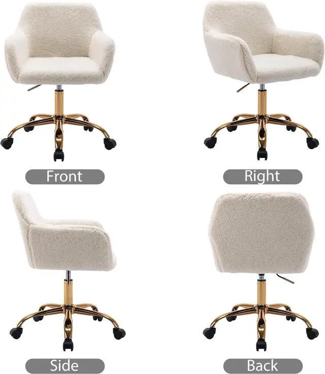 Alt view image 7 of 7 - KCC Faux Fur Office Desk Chair, Comfy Swivel Armchair with Wheels, Upholstered Fuzzy Vanity Chair, Adjustable Height, White