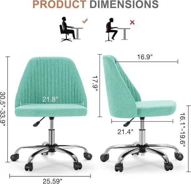 Alt view image 2 of 7 - DUMOS Office Chair, Comfy Desk Chair Roliing Vanity Swivel Task Chairs with Wheels, Wide Seating Armless Height Adjustable Computer Chairs for Home,Bedroom,Student,Adults, Aqua