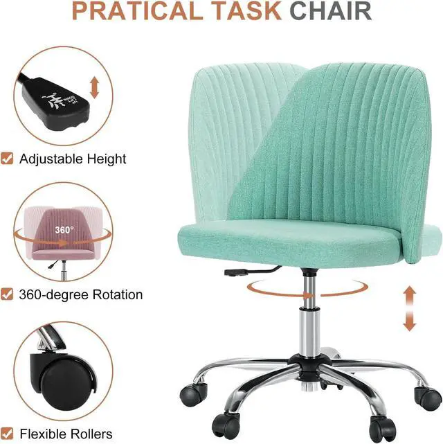 Alt view image 5 of 7 - DUMOS Office Chair, Comfy Desk Chair Roliing Vanity Swivel Task Chairs with Wheels, Wide Seating Armless Height Adjustable Computer Chairs for Home,Bedroom,Student,Adults, Aqua