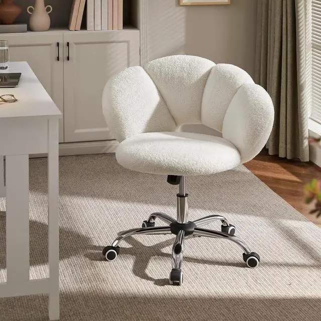 Alt view image 2 of 7 - Yaheetech Boucle Upholstered Desk Chair Cloud-Shaped Vanity Chair Adjustable Home Office Computer with Rolling Wheels for Living Room, Bedroom White
