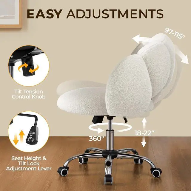 Alt view image 5 of 7 - Yaheetech Boucle Upholstered Desk Chair Cloud-Shaped Vanity Chair Adjustable Home Office Computer with Rolling Wheels for Living Room, Bedroom White