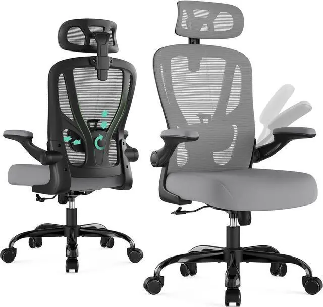 Main image of Office Chair Ergonomic Desk Chair - Mesh High Back Office Chair with Headrests Wheels Lumbar Support Home Desk Office Chairs Flip up Armrest Executive Rolling Swivel Task Computer Chair Gray
