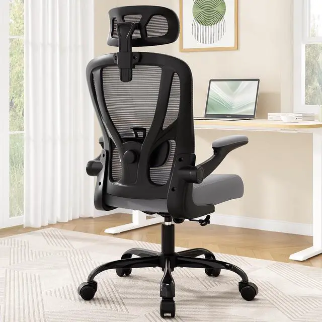 Alt view image 2 of 7 - Office Chair Ergonomic Desk Chair - Mesh High Back Office Chair with Headrests Wheels Lumbar Support Home Desk Office Chairs Flip up Armrest Executive Rolling Swivel Task Computer Chair Gray