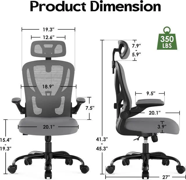 Alt view image 3 of 7 - Office Chair Ergonomic Desk Chair - Mesh High Back Office Chair with Headrests Wheels Lumbar Support Home Desk Office Chairs Flip up Armrest Executive Rolling Swivel Task Computer Chair Gray
