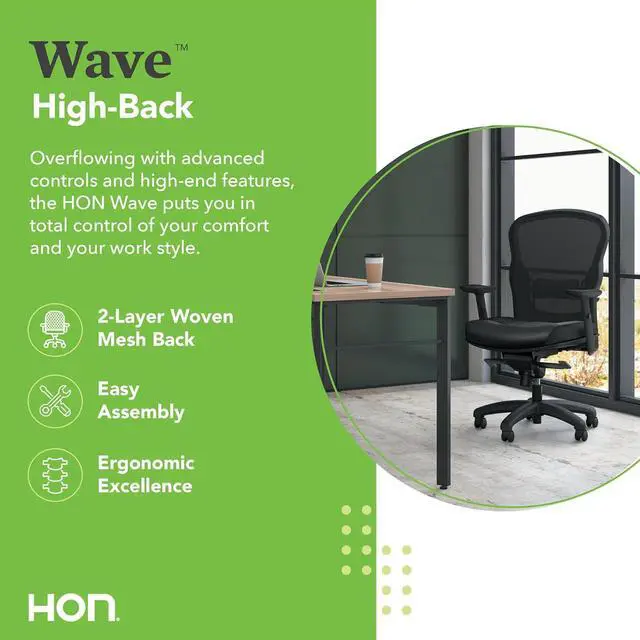 Alt view image 4 of 7 - HON Wave High Back Leather Ergonomic Office Chair Lumbar Support with Adjustable Arms, Breathable Mesh Ergonomic Desk Seat for Computers, Office, 360° Swivel Synchro-Tilt, Black