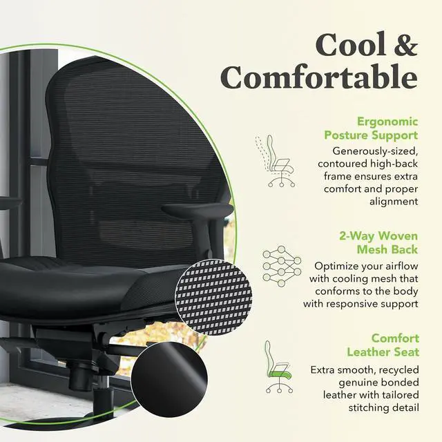 Alt view image 6 of 7 - HON Wave High Back Leather Ergonomic Office Chair Lumbar Support with Adjustable Arms, Breathable Mesh Ergonomic Desk Seat for Computers, Office, 360° Swivel Synchro-Tilt, Black