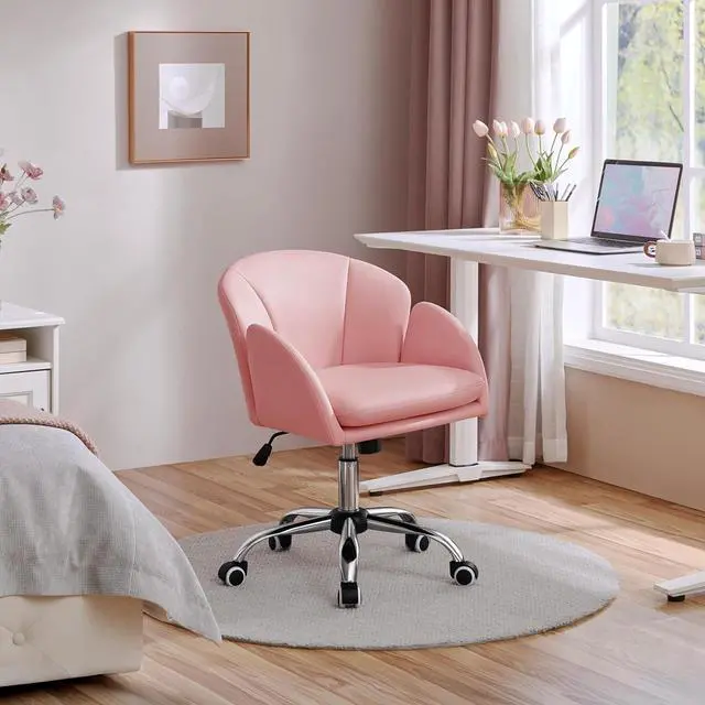 Alt view image 4 of 7 - Yaheetech Cute Petal Desk Chair Home Office Chair Swivel Upholstered Leather Desk Chair Makeup Vanity Chair with Armrests for Bedroom Modern Computer Rolling Chair for Women Simple Pink