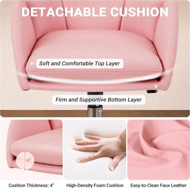Alt view image 5 of 7 - Yaheetech Cute Petal Desk Chair Home Office Chair Swivel Upholstered Leather Desk Chair Makeup Vanity Chair with Armrests for Bedroom Modern Computer Rolling Chair for Women Simple Pink