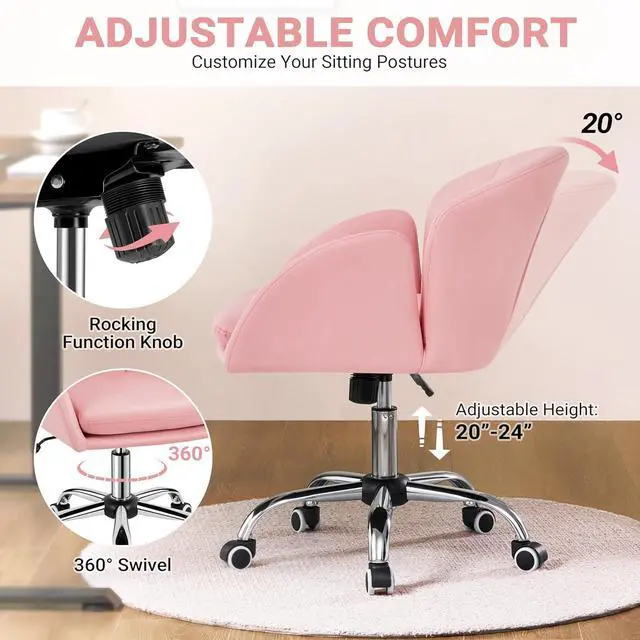 Alt view image 6 of 7 - Yaheetech Cute Petal Desk Chair Home Office Chair Swivel Upholstered Leather Desk Chair Makeup Vanity Chair with Armrests for Bedroom Modern Computer Rolling Chair for Women Simple Pink