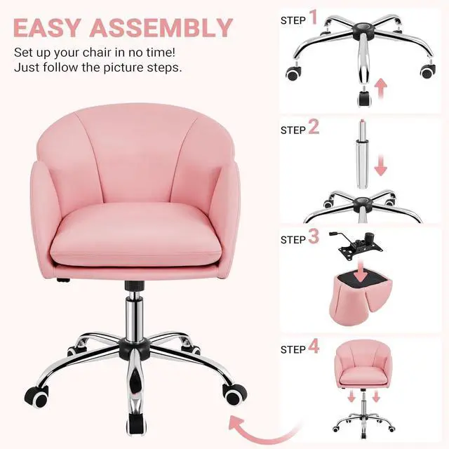 Alt view image 7 of 7 - Yaheetech Cute Petal Desk Chair Home Office Chair Swivel Upholstered Leather Desk Chair Makeup Vanity Chair with Armrests for Bedroom Modern Computer Rolling Chair for Women Simple Pink