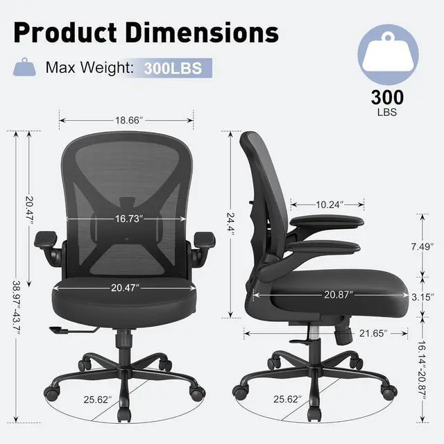 Alt view image 2 of 7 - ZZH Mesh Office Chair with Adjustable Lumbar Support and Flip-up Arms, Ergonomic Home Office Desk Chair with Wheels, Black