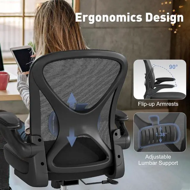 Alt view image 4 of 7 - ZZH Mesh Office Chair with Adjustable Lumbar Support and Flip-up Arms, Ergonomic Home Office Desk Chair with Wheels, Black