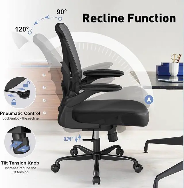Alt view image 5 of 7 - ZZH Mesh Office Chair with Adjustable Lumbar Support and Flip-up Arms, Ergonomic Home Office Desk Chair with Wheels, Black