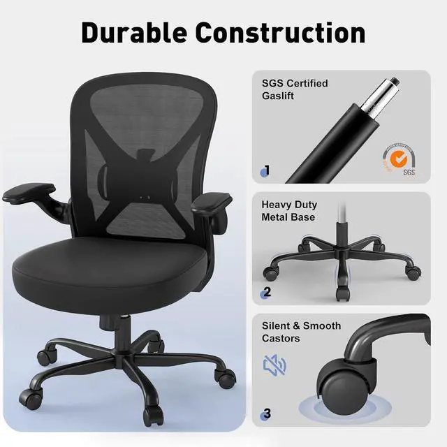 Alt view image 6 of 7 - ZZH Mesh Office Chair with Adjustable Lumbar Support and Flip-up Arms, Ergonomic Home Office Desk Chair with Wheels, Black