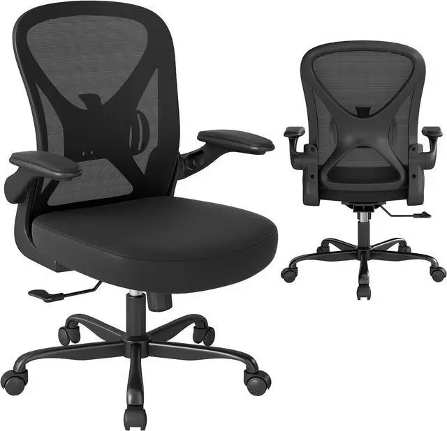 Alt view image 7 of 7 - ZZH Mesh Office Chair with Adjustable Lumbar Support and Flip-up Arms, Ergonomic Home Office Desk Chair with Wheels, Black