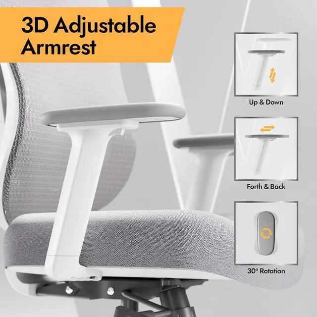 Alt view image 7 of 7 - Ergonomic Mesh Office Chair - 3D Adjustable Lumbar Support & 3D Armrests, V-Shaped Back, Adjustable Desk Chair for Office & Home, White