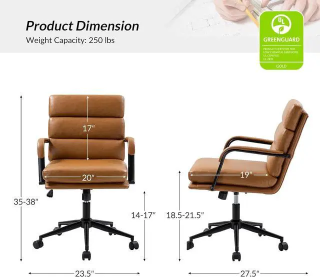 Alt view image 2 of 7 - HULALA HOME Modern Faux Leather Home Office Chair with Tilt Lock & Metal Base, Desk Chair with Wheels & Padded Cushion, 360° Swivel Wide Seat Computer Task Chair, Camel