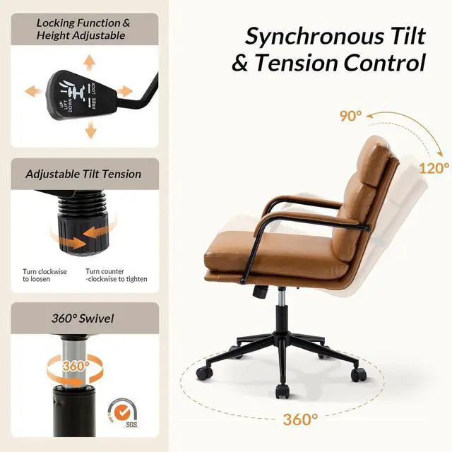 Alt view image 4 of 7 - HULALA HOME Modern Faux Leather Home Office Chair with Tilt Lock & Metal Base, Desk Chair with Wheels & Padded Cushion, 360° Swivel Wide Seat Computer Task Chair, Camel