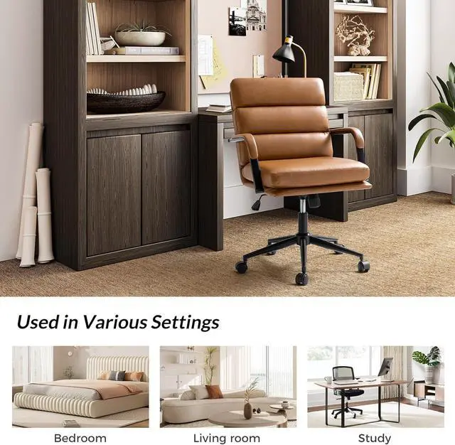 Alt view image 6 of 7 - HULALA HOME Modern Faux Leather Home Office Chair with Tilt Lock & Metal Base, Desk Chair with Wheels & Padded Cushion, 360° Swivel Wide Seat Computer Task Chair, Camel