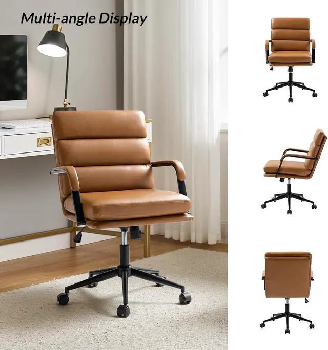 Alt view image 7 of 7 - HULALA HOME Modern Faux Leather Home Office Chair with Tilt Lock & Metal Base, Desk Chair with Wheels & Padded Cushion, 360° Swivel Wide Seat Computer Task Chair, Camel