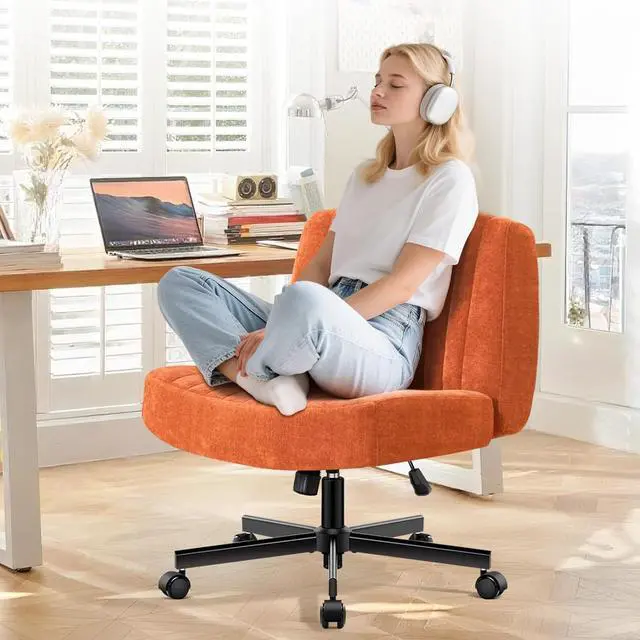 Alt view image 2 of 7 - Convertible Base Criss Cross Chair with Pocket Springs & Thicker and Wider Cushions, Armless Legged Office Chair Relieves Back Pain, Swivel Vanity Chair for Living Room/Office, (Orange)