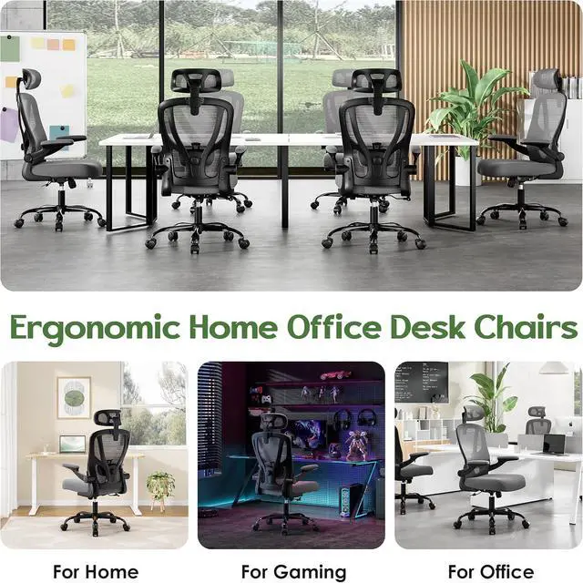 Alt view image 4 of 7 - Office Chair Ergonomic Desk Chair - Mesh High Back Office Chair with Headrests Wheels Lumbar Support Home Desk Office Chairs Flip up Armrest Executive Rolling Swivel Task Computer Chair Gray