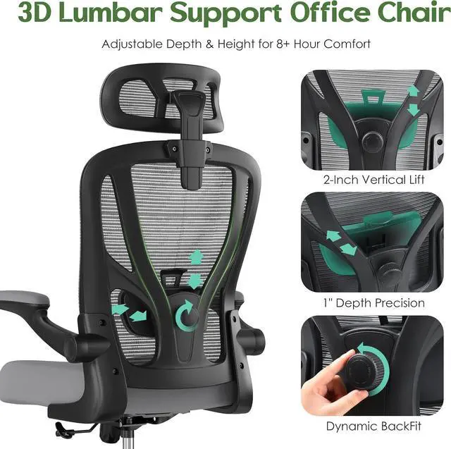 Alt view image 5 of 7 - Office Chair Ergonomic Desk Chair - Mesh High Back Office Chair with Headrests Wheels Lumbar Support Home Desk Office Chairs Flip up Armrest Executive Rolling Swivel Task Computer Chair Gray