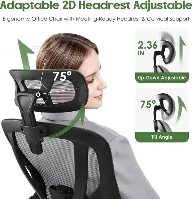 Alt view image 6 of 7 - Office Chair Ergonomic Desk Chair - Mesh High Back Office Chair with Headrests Wheels Lumbar Support Home Desk Office Chairs Flip up Armrest Executive Rolling Swivel Task Computer Chair Gray