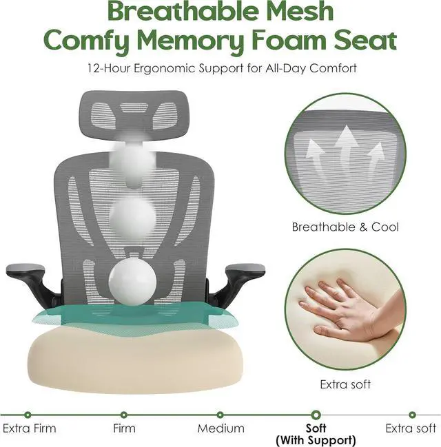 Alt view image 7 of 7 - Office Chair Ergonomic Desk Chair - Mesh High Back Office Chair with Headrests Wheels Lumbar Support Home Desk Office Chairs Flip up Armrest Executive Rolling Swivel Task Computer Chair Gray