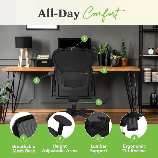 Alt view image 5 of 7 - HON Wave High Back Leather Ergonomic Office Chair Lumbar Support with Adjustable Arms, Breathable Mesh Ergonomic Desk Seat for Computers, Office, 360° Swivel Synchro-Tilt, Black