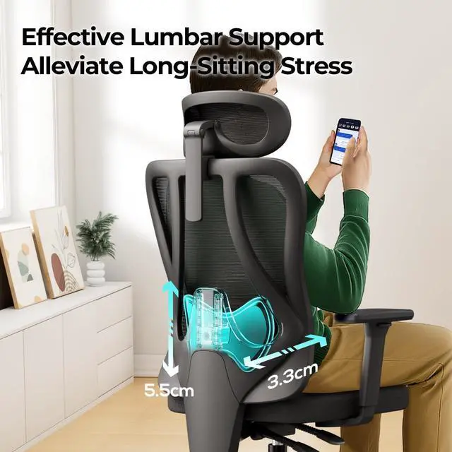 Alt view image 2 of 7 - Hbada P3 Pro Ergonomic Office Chair with 2D Adjustable Lumbar Support, Office Desk Chair with 3D Adjustable Headrest and Armrests, 135° Stepless Tilt Function, Black(No Footrest)